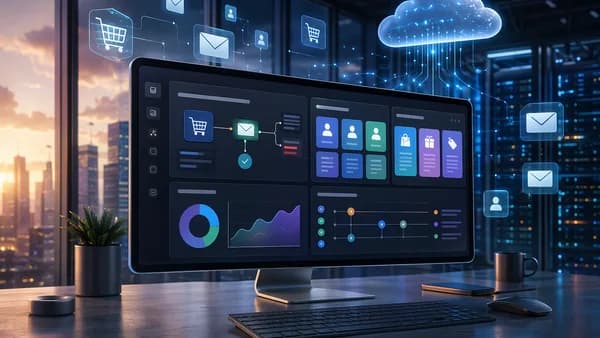 Ecommerce automation dashboard visualizing abandoned cart recovery, offers, analytics, and cloud SaaS infrastructure.