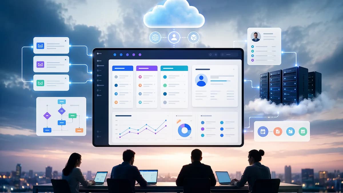 Unified email marketing and CRM dashboard organizing B2B sales workflows in a modern cloud SaaS workspace