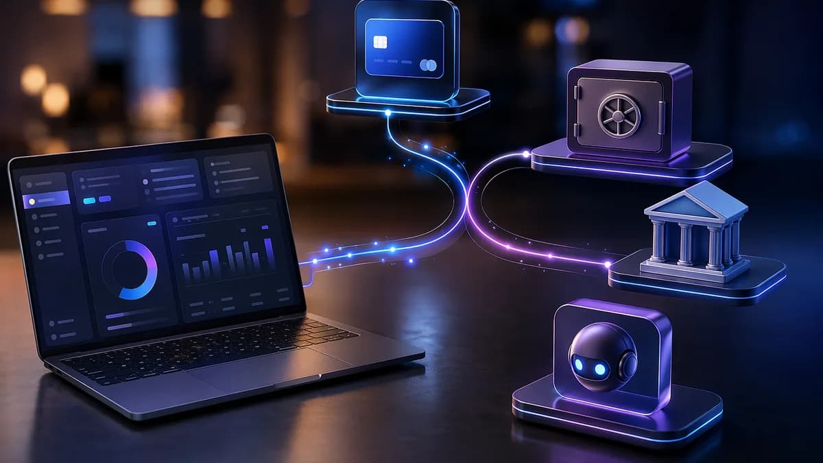 SaaS platform connected to modular fintech services, symbolizing embedded finance build-or-partner choices.