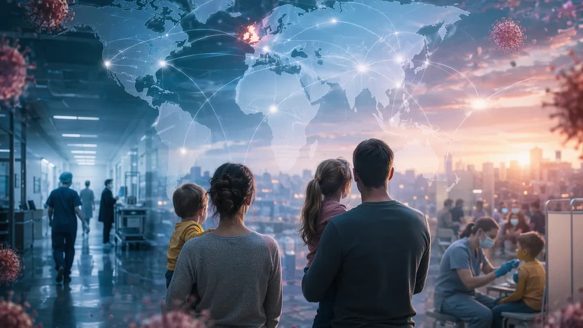 Somber global health scene with UK highlighted, measles particles, hospital silhouettes and families.