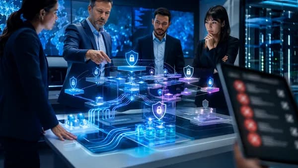 Enterprise security team evaluates a modular platform hologram as an outdated checklist sits aside.
