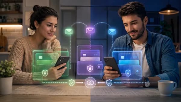 Couple using budgeting apps with digital envelope and privacy visuals