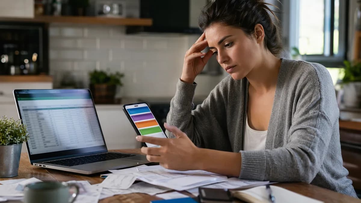 Person comparing a budgeting app and spreadsheet at a table with bills and bank cards.