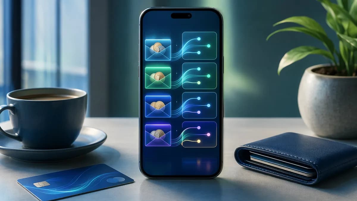 Smartphone with abstract envelope and zero-based budgeting visuals on a modern fintech desk