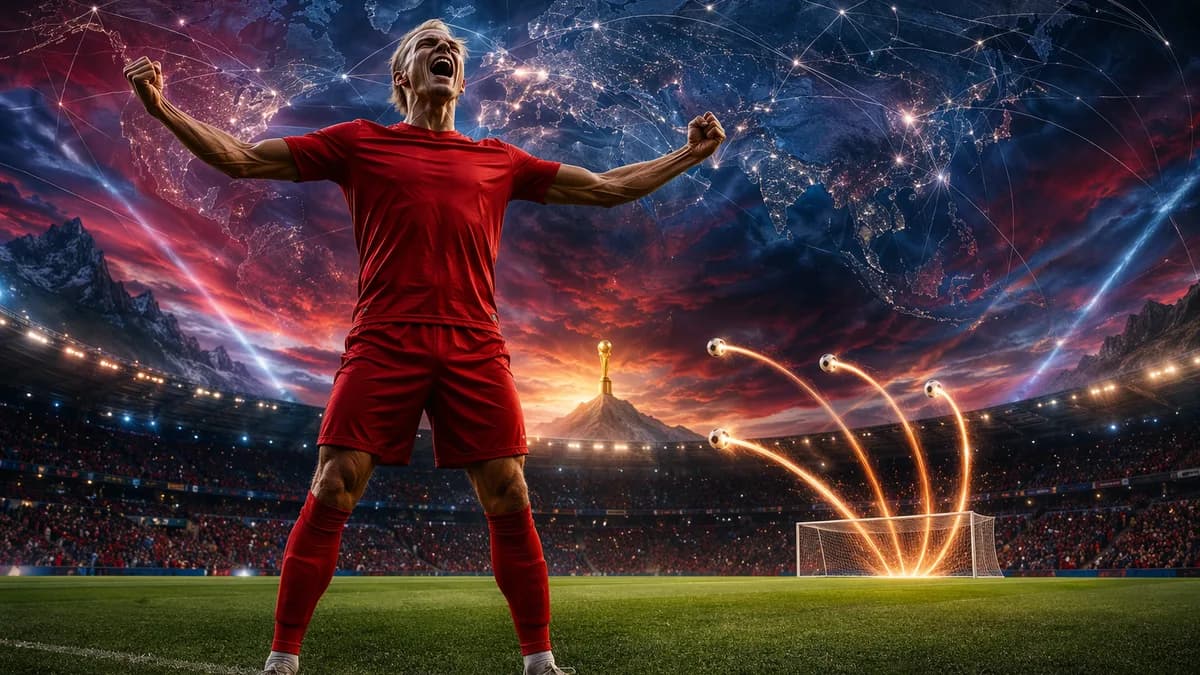Blond footballer celebrates on a stadium pitch before a glowing world map and Norway-inspired lights