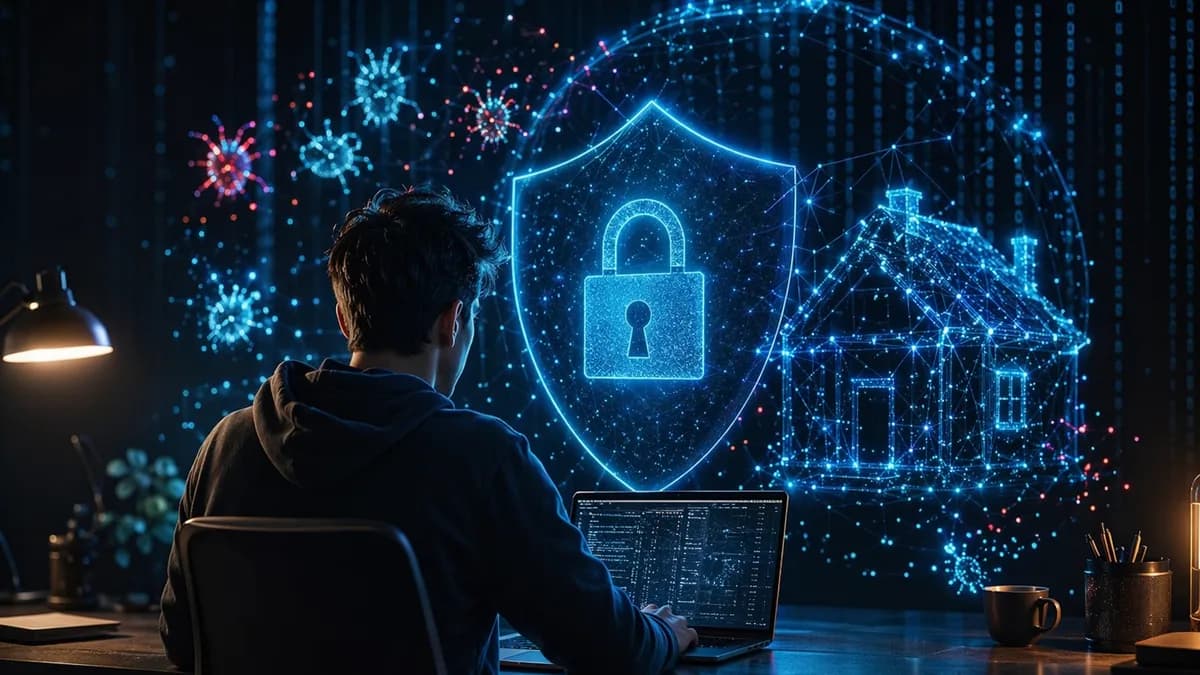 Young ethical hacker at a laptop with glowing security shields and encrypted data around a house silhouette