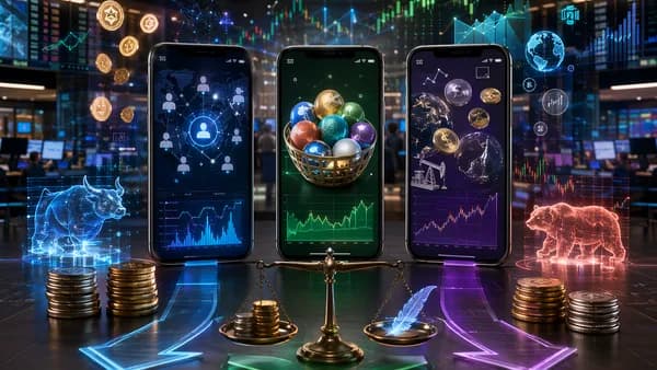 Three trading app concepts compared with charts, coins, and market visuals in a modern financial scene.