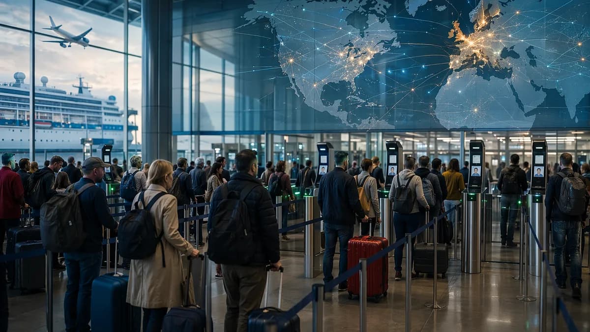 Travelers queue at biometric European border checks with a glowing world map backdrop.
