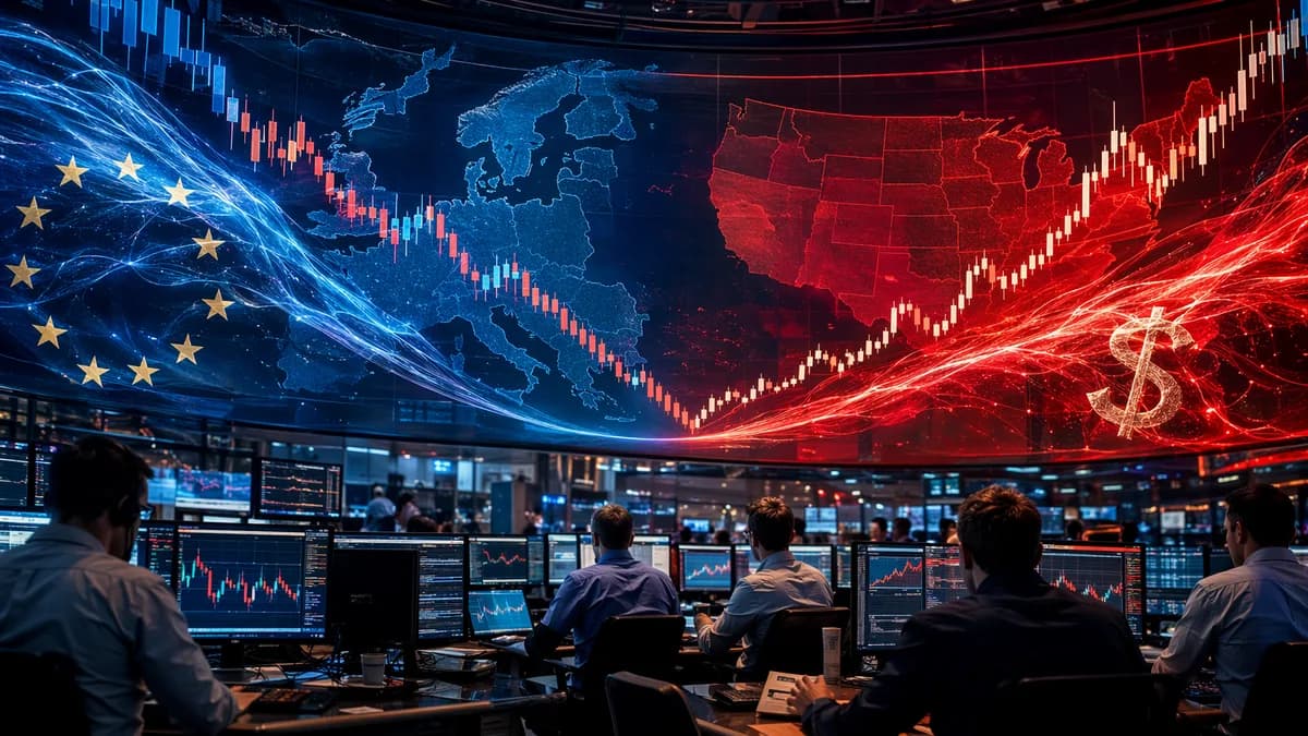 Trading floor showing dollar strength pressuring euro markets with charts and data screens
