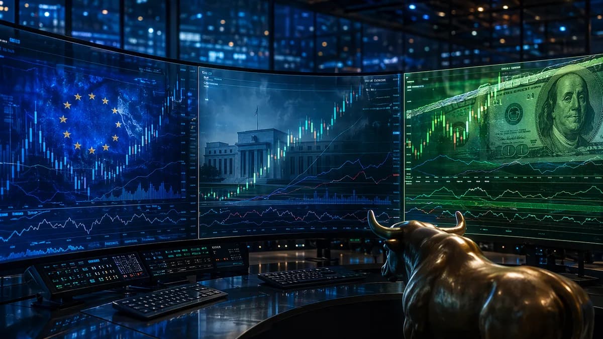 Forex trading desk with rising charts, bull figure, and central bank silhouette before a Fed decision