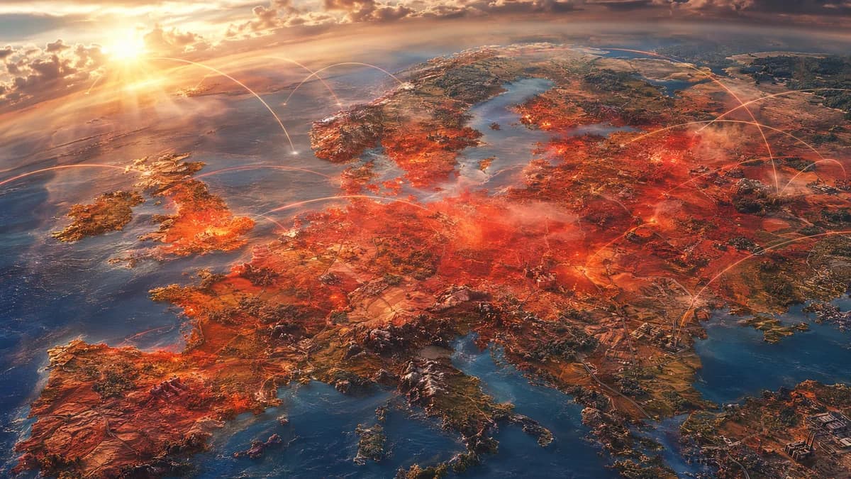 Heatwave map over northern and central Europe with glowing red zones and strained infrastructure