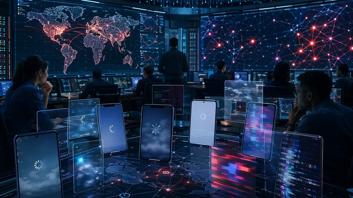 Futuristic operations room showing phones with blank feeds and disrupted social network nodes during an outage.