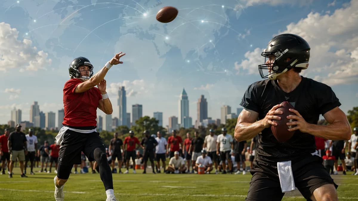 Two quarterbacks compete at a modern football training camp with a subtle global map backdrop.