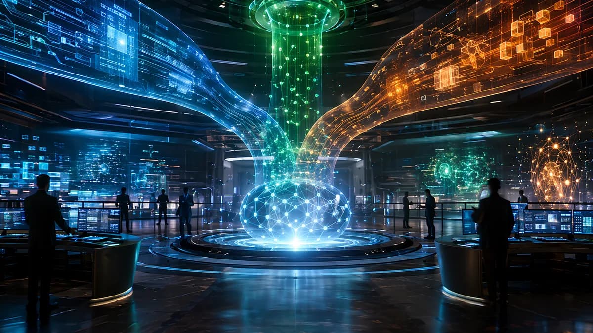 Three glowing ML data pipelines converge in a futuristic innovation hub, symbolizing platform trade-offs.