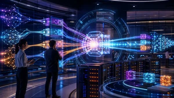 Futuristic ML feature store aligning data pipelines in a sleek AI workspace