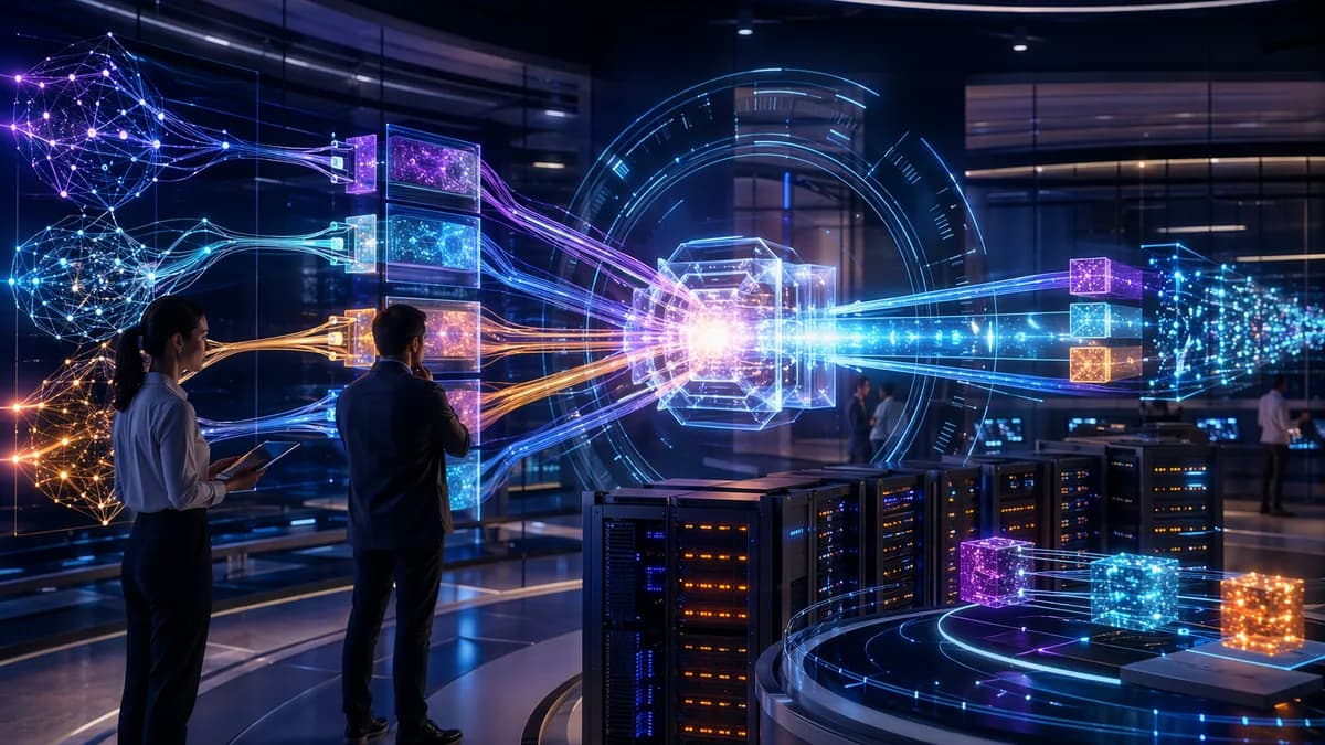 Futuristic ML feature store aligning data pipelines in a sleek AI workspace