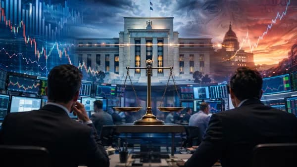 Trading floor with market charts and central bank silhouette signaling a steady Fed interest rate decision