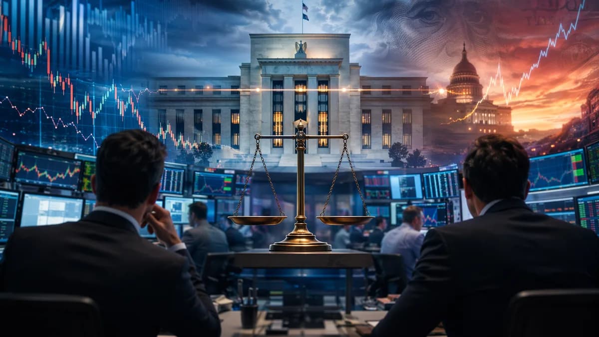 Trading floor with market charts and central bank silhouette signaling a steady Fed interest rate decision