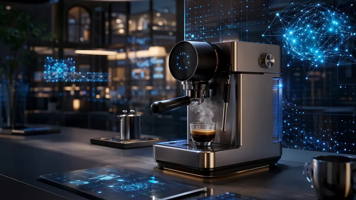 Premium smart espresso machine in a futuristic tech kitchen with steam, screens, circuits, and cinematic lighting.