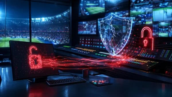 Cybersecurity flaw visualized in a soccer broadcast control room with cracked shield and open lock