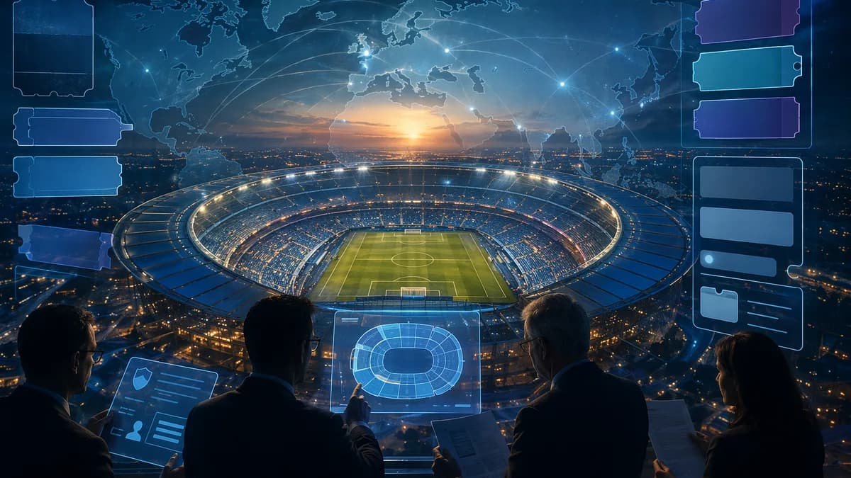 Officials examine stadium seating and ticketing visuals over a global map backdrop.