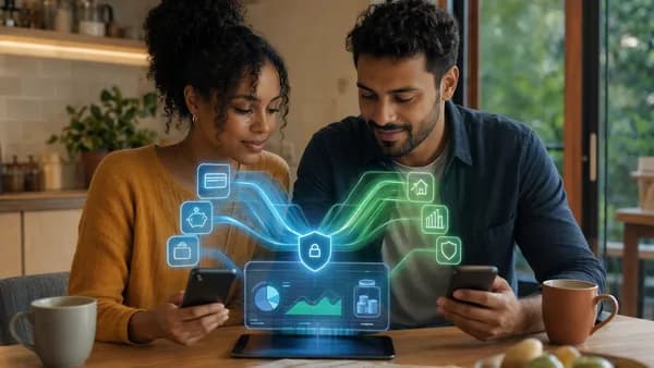 Couple reviewing separate finance apps with shared bills and savings goals in a modern fintech scene.