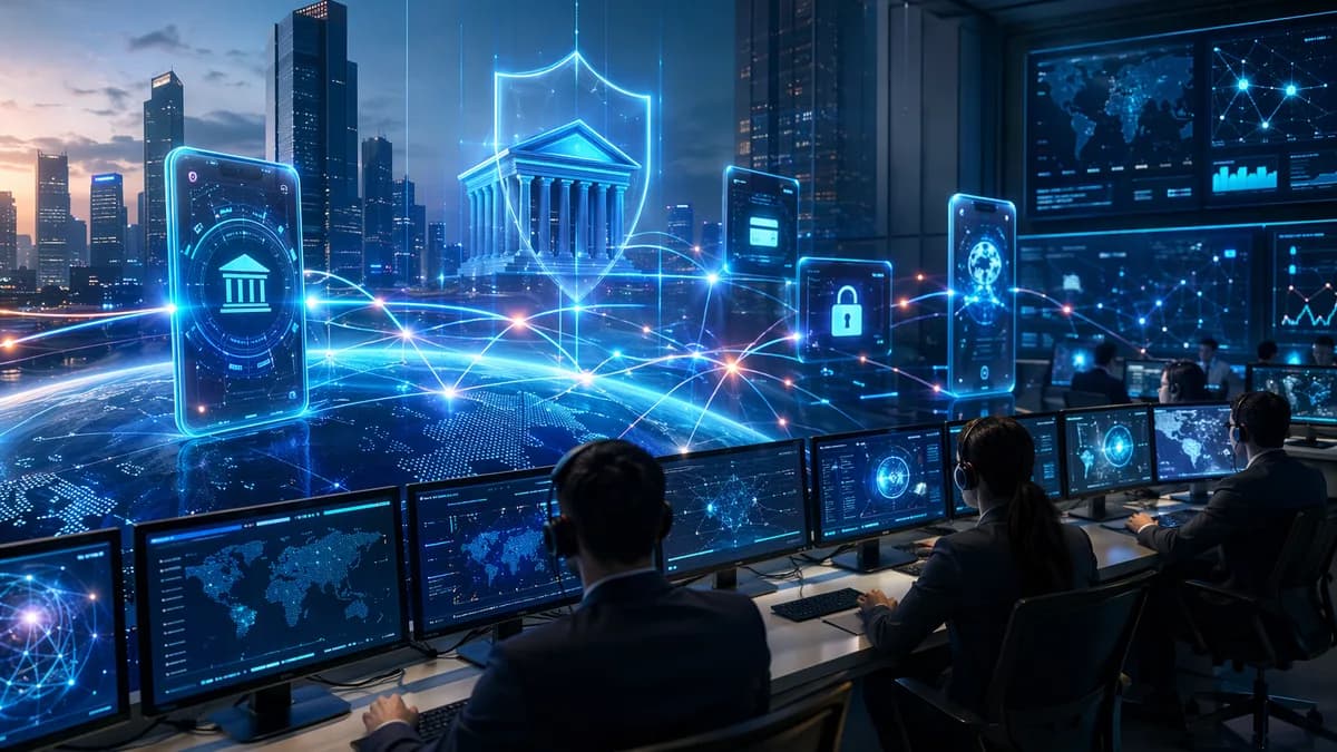 Banks share secure real-time fraud data through glowing digital finance networks.