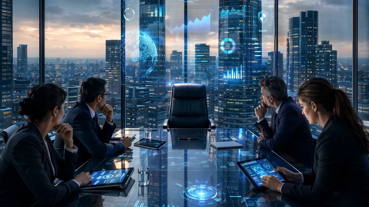 Empty boardroom chair with fintech executives and digital banking interfaces, symbolizing leadership upheaval.