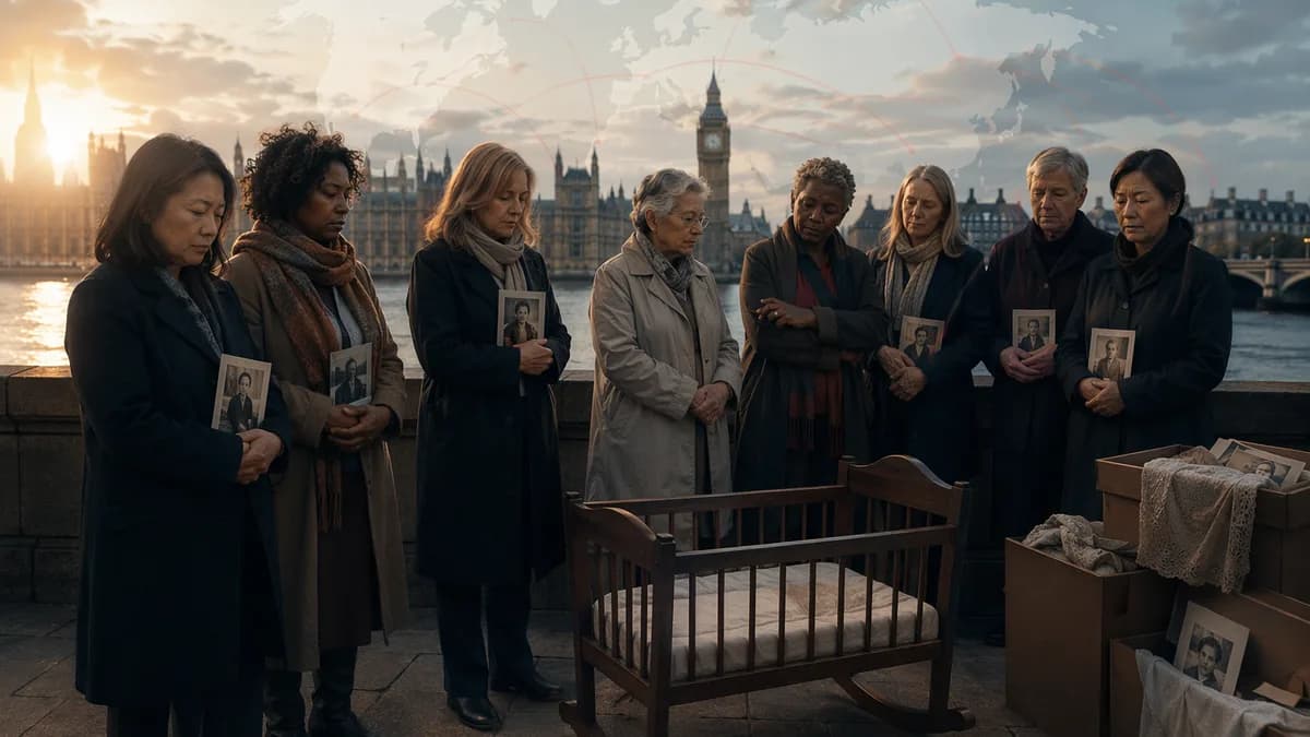 Survivors and mothers near an empty cradle with Westminster and a global map backdrop.