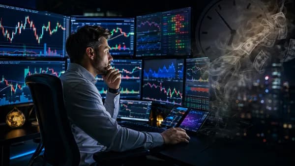 Night trader watching market charts as swap fees symbolically erode overnight forex trade profits