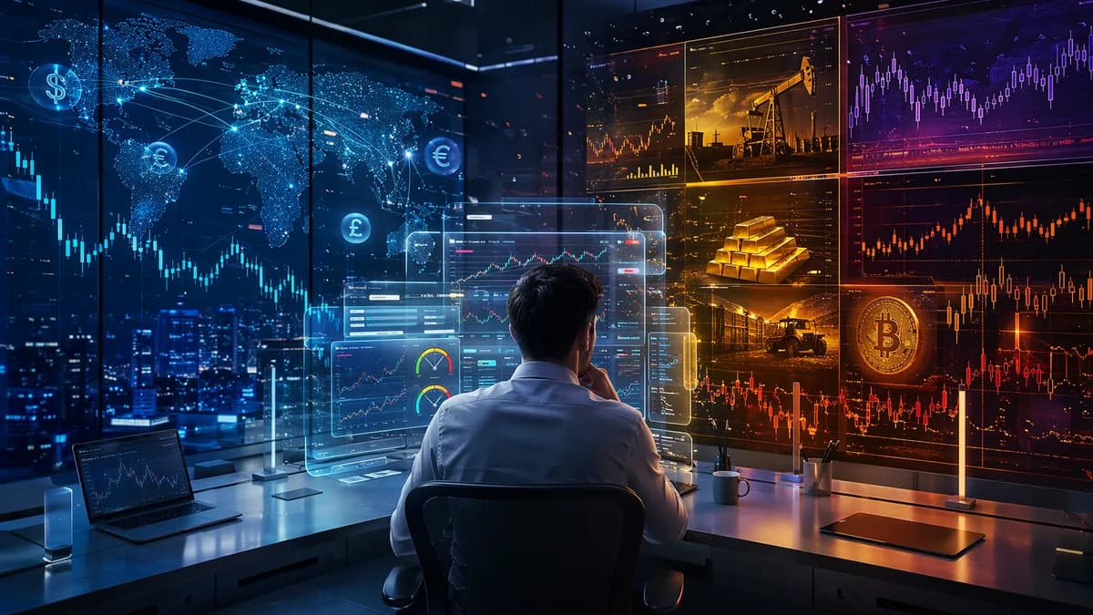 Split trading desk visualizing forex vs CFD broker choices, hidden costs, leverage, and market complexity.