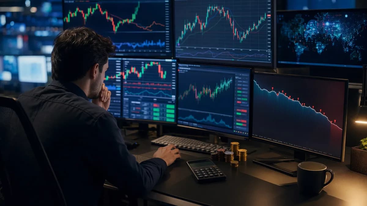 Forex trader analyzes small account fees, spreads, and risk on glowing market screens.