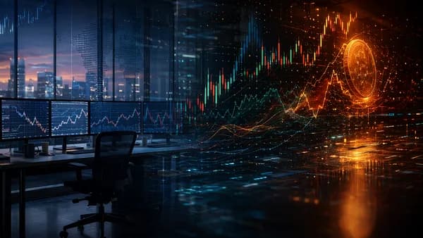 Empty trading desk showing inactive forex markets and active crypto risk visualizations over the weekend.