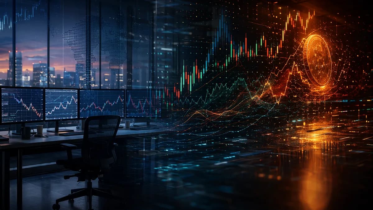 Empty trading desk showing inactive forex markets and active crypto risk visualizations over the weekend.