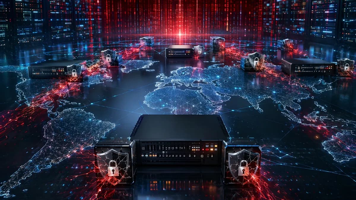 Global firewall network under cyberattack with shields, locks, servers, and dark code streams