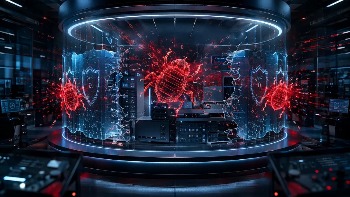 Three glowing cyber bugs breach shielded sandbox servers in a dark security operations environment.