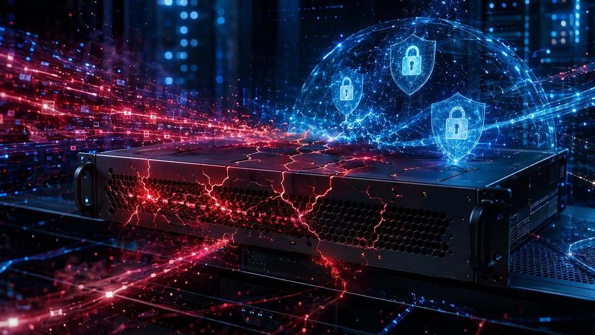 Security appliance under cyberattack with shields, locks, and code matrix in a dark server room.