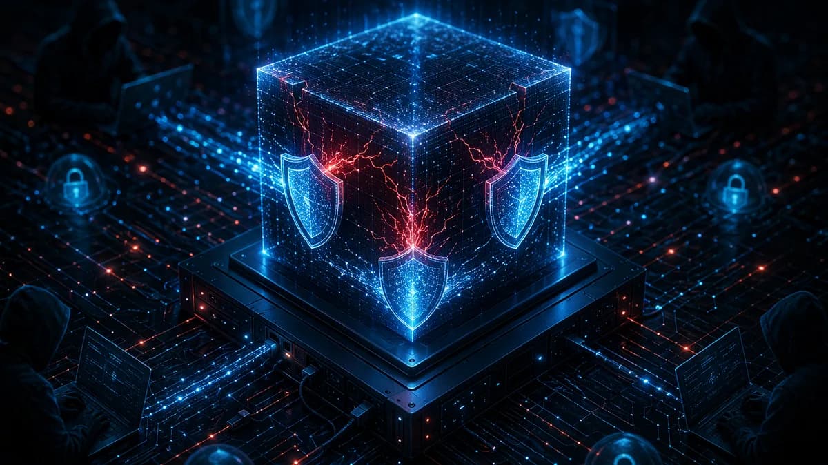 Cybersecurity appliance under attack with shields patching three glowing vulnerabilities