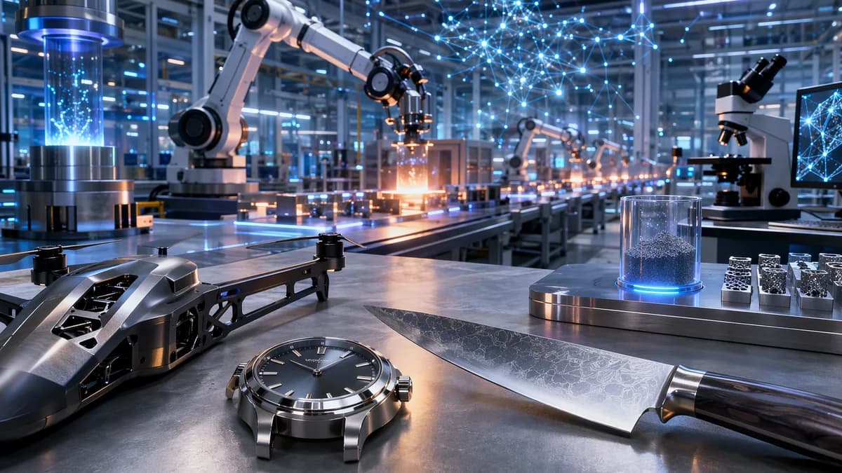 Advanced alloy lab showing metal billets, drone frame, watch case, and chef’s knife in a futuristic workspace
