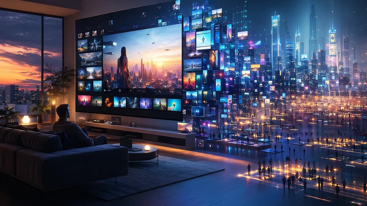 Smart TV home screen as a neon city, symbolizing the battle for streaming viewer attention.