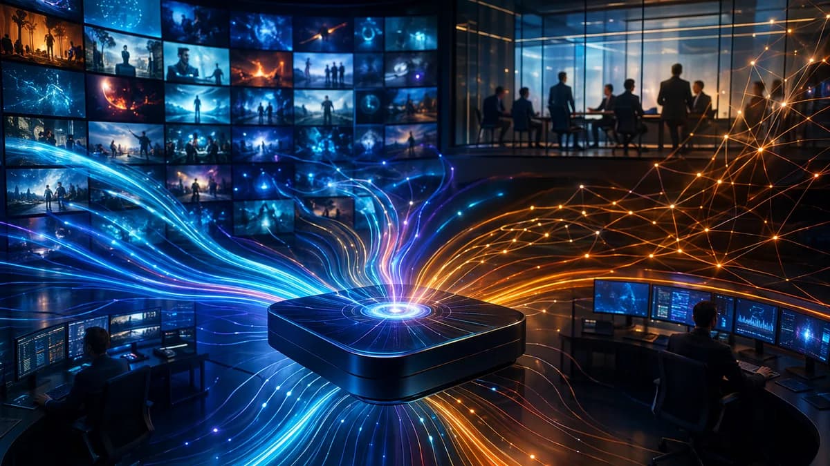Futuristic streaming control room symbolizing Fox’s proposed Roku acquisition and platform neutrality concerns.