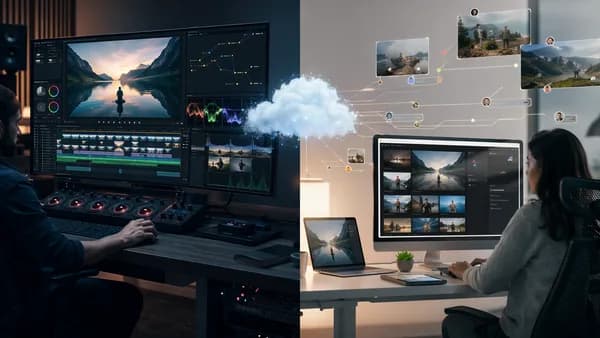 Split SaaS video review workspace showing advanced editing workflow versus simple cloud collaboration.