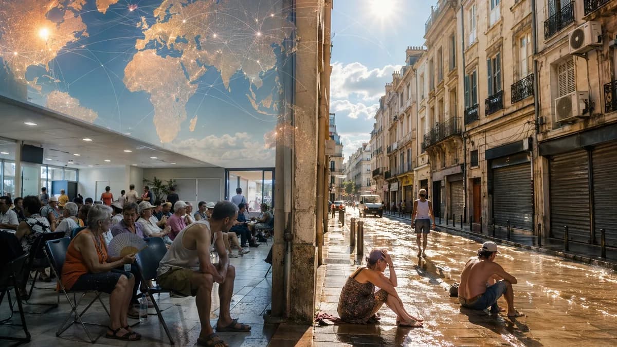 French heatwave scene showing air conditioning inequality and political tension amid global climate pressures.