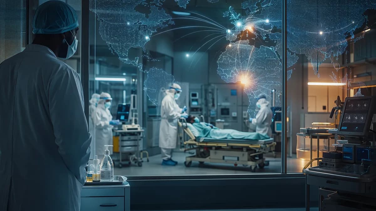 French hospital isolation scene with global map links symbolizing an imported Ebola case