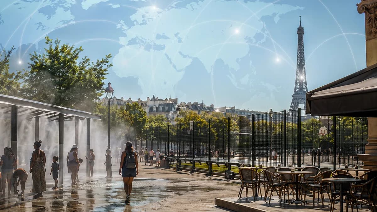 Paris heat wave scene with shaded crowds, closed sports area, and subtle global map connections.
