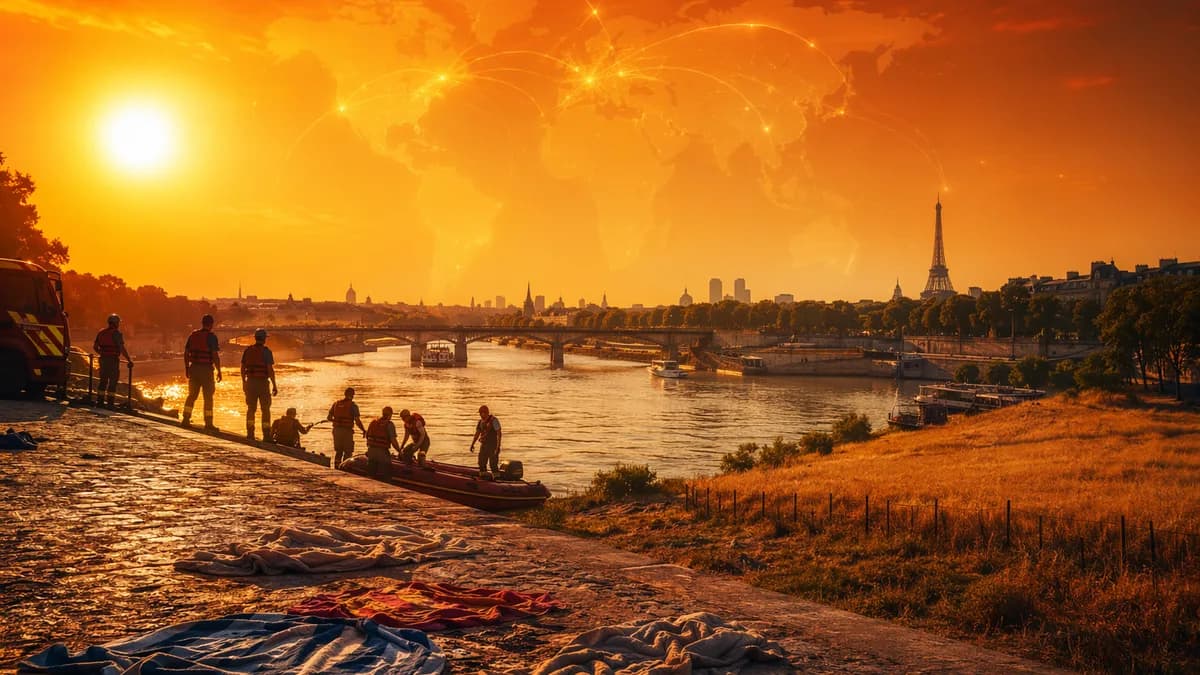 Heatwave in France with rescue scene by river and global map connections