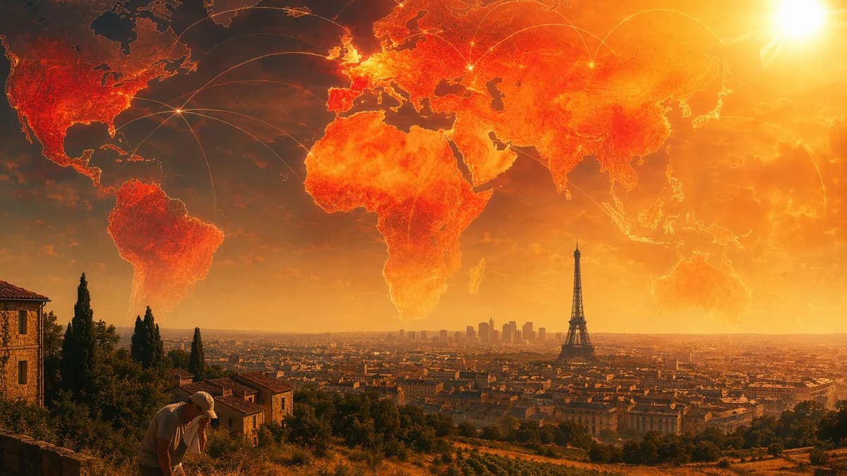 France heatwave visual with red alert zones over a world map and hazy blazing sun.