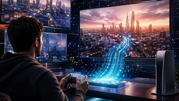 Futuristic gaming upgrade scene with console, controller, screens, and glowing city skyline.