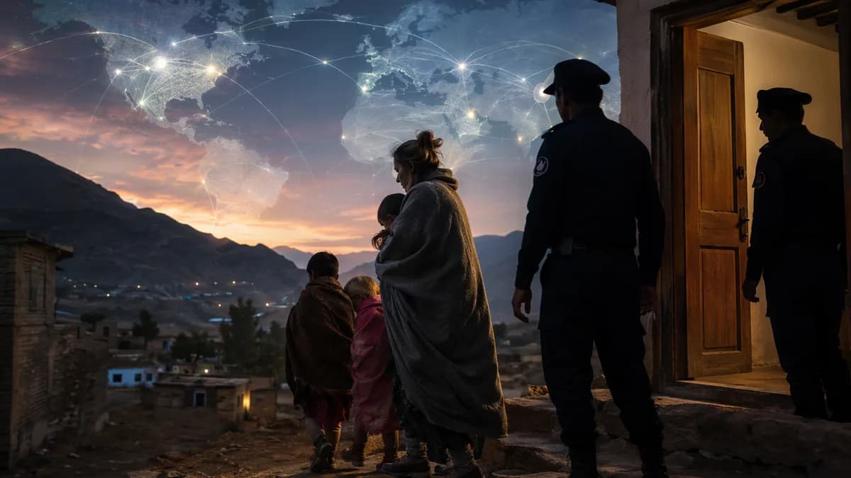 Symbolic police rescue of a woman and children in Pakistan with global map connections.