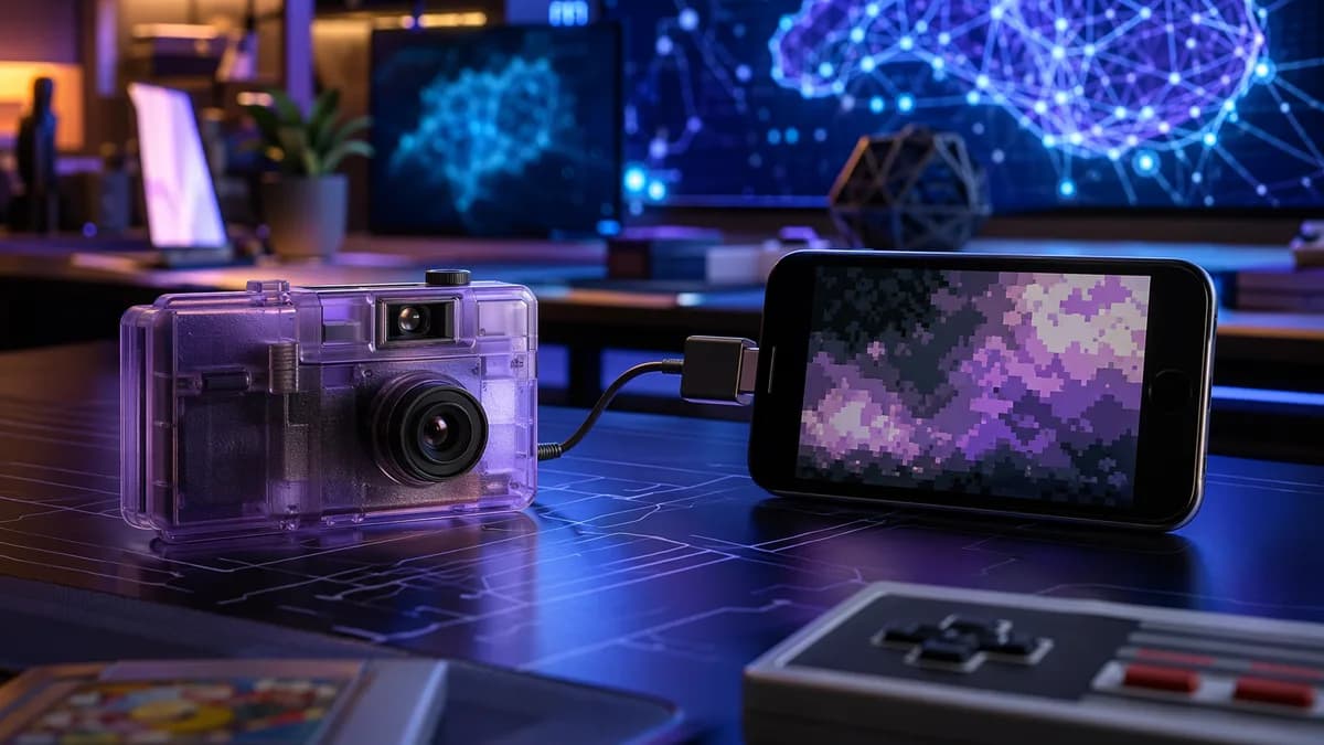 Retro handheld camera cartridge connected to a smartphone in a sleek futuristic tech workspace